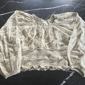 Zara Cream Smocked Crop Blouse with Ruffled Neckline
